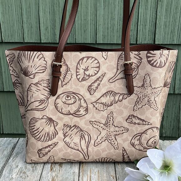 Authentic Coach Mollie Tote Bag In Signature Canvas With Shell Print Purse - Picture 5 of 13
